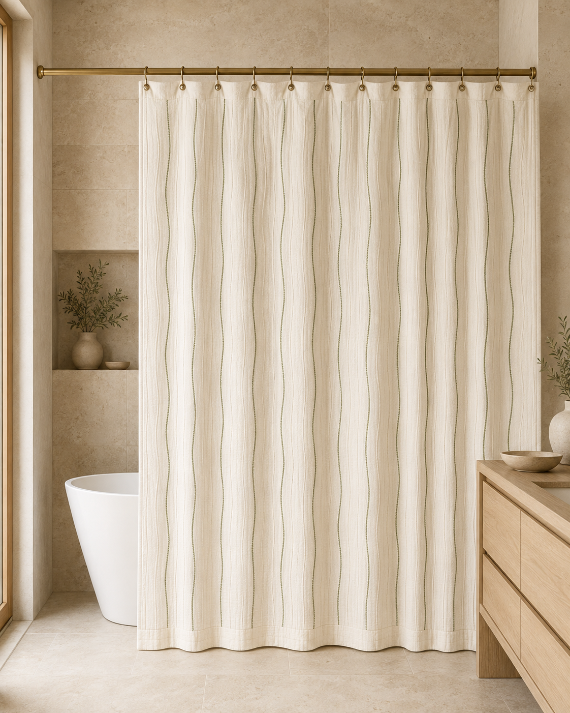 Serelle Drift-Weave Shower Curtain – Natural Ivory & Sage