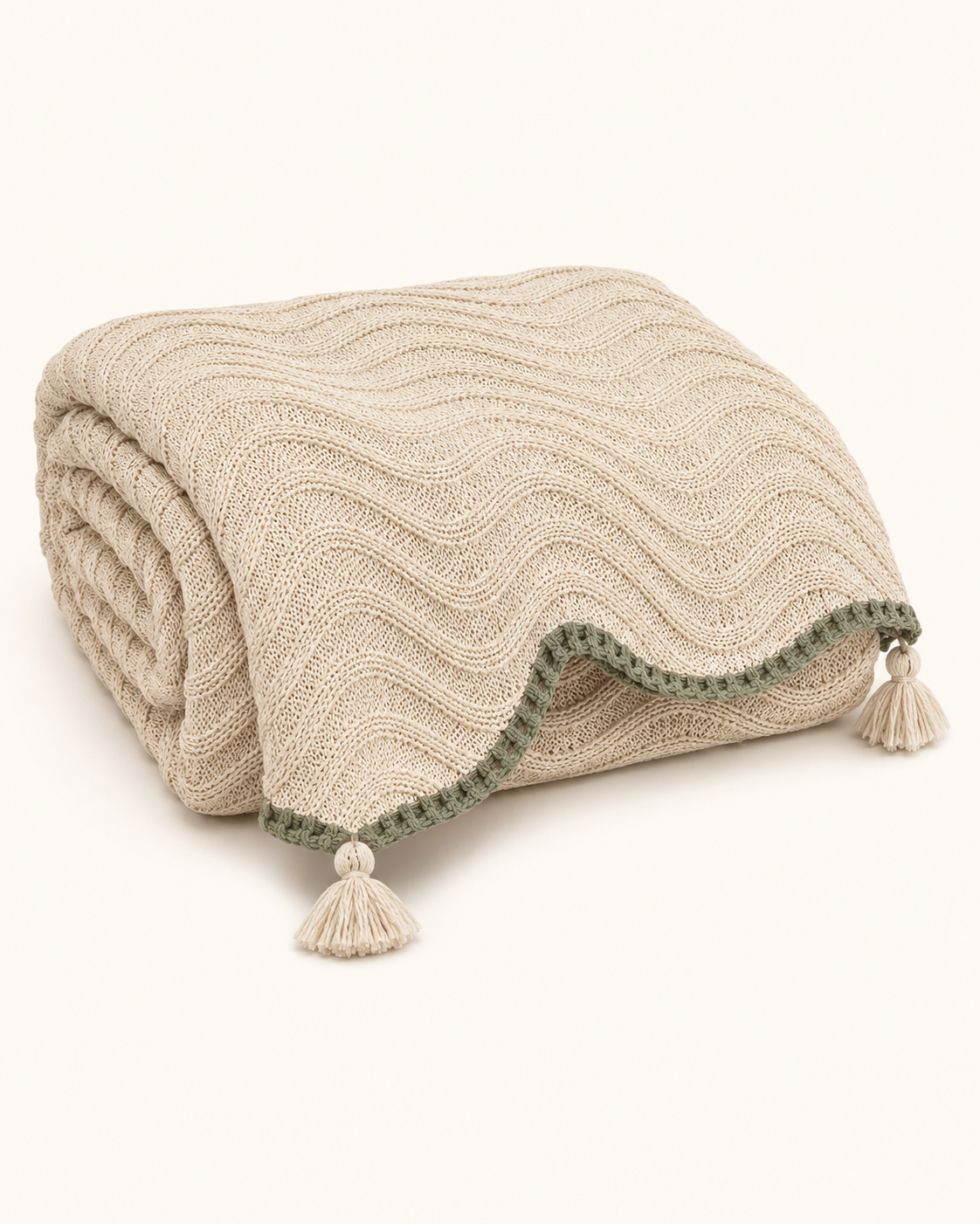 Aureline Ripple-Knit Bed Throw – Ivory & Sage