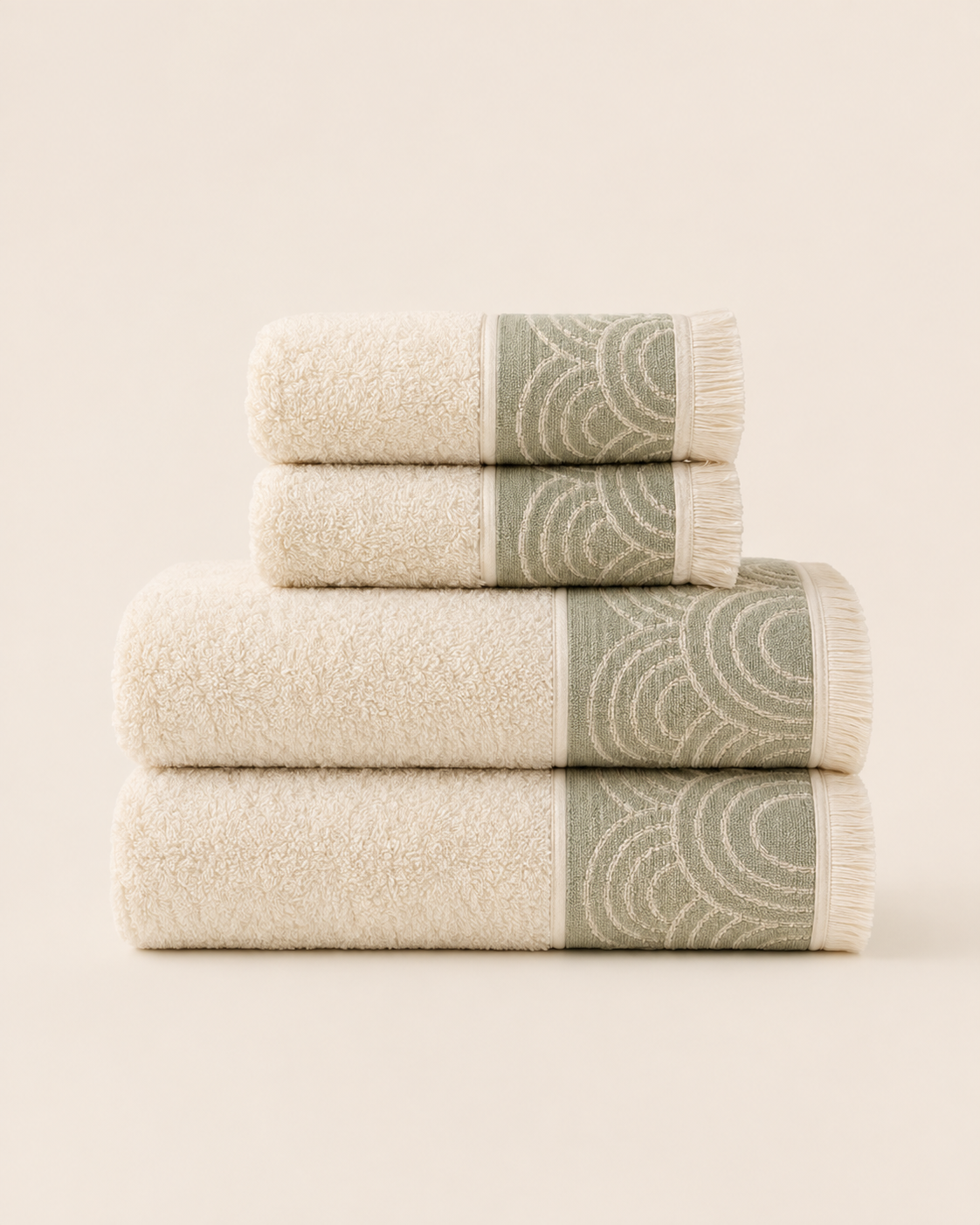 Aveline Halo-Weave 4-Piece Bath Towel Set – Ivory & Sage