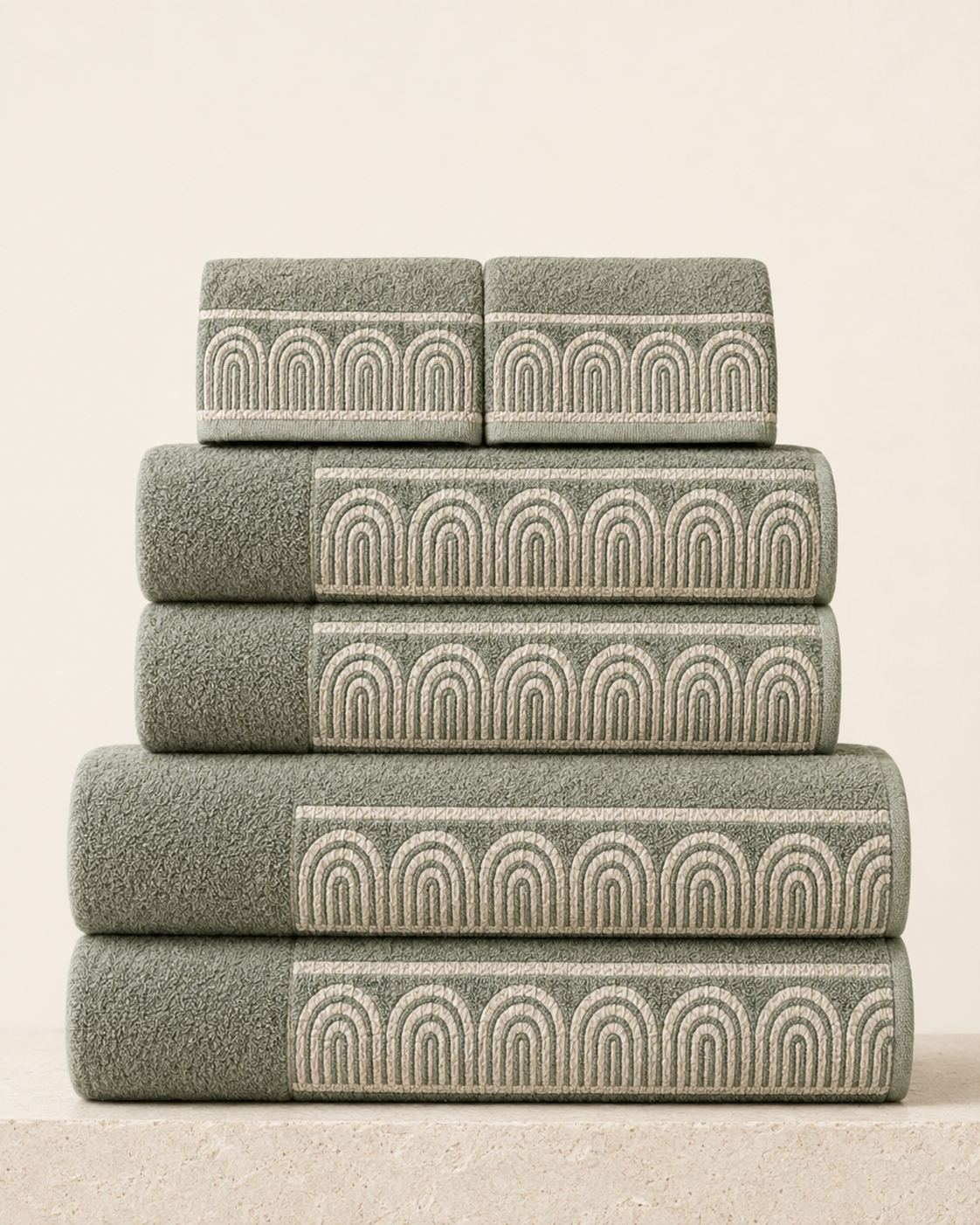 Aurevia Arch-Weave 6-Piece Cotton Towel Set – Eucalyptus Sage