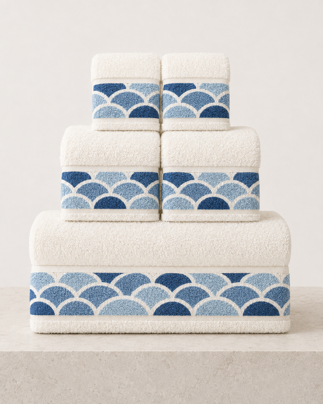 Nereva Crescent-Weave 6-Piece Cotton Towel Set – Pearl Ivory & Ocean Blue