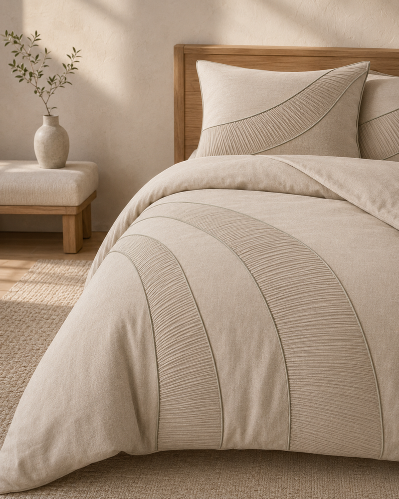 Mirelle Crescent-Pleat 3-Piece Duvet Cover Set – Oat & Sage