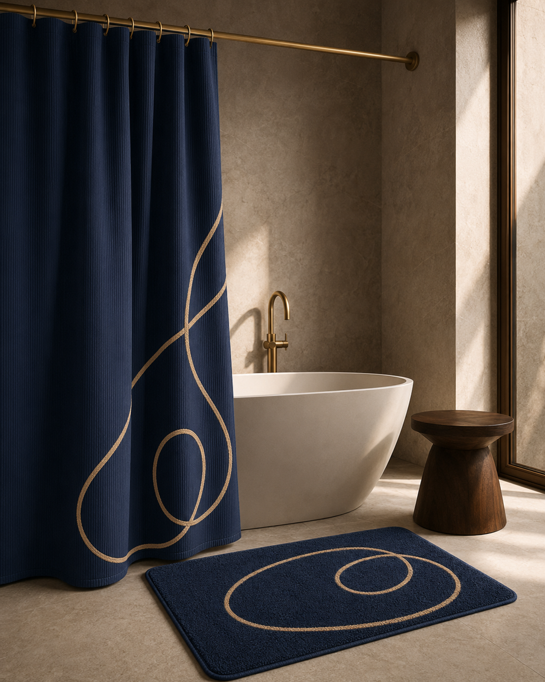 Noctelle Cascade-Loop 2-Piece Shower Curtain & Bath Mat Set – Midnight Navy