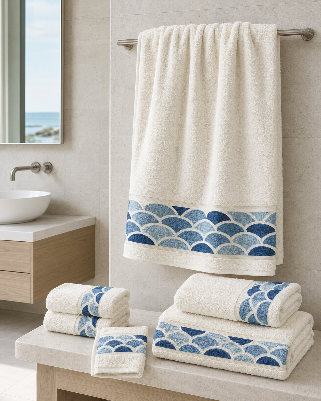 Nereva Crescent-Weave 6-Piece Cotton Towel Set – Pearl Ivory & Ocean Blue