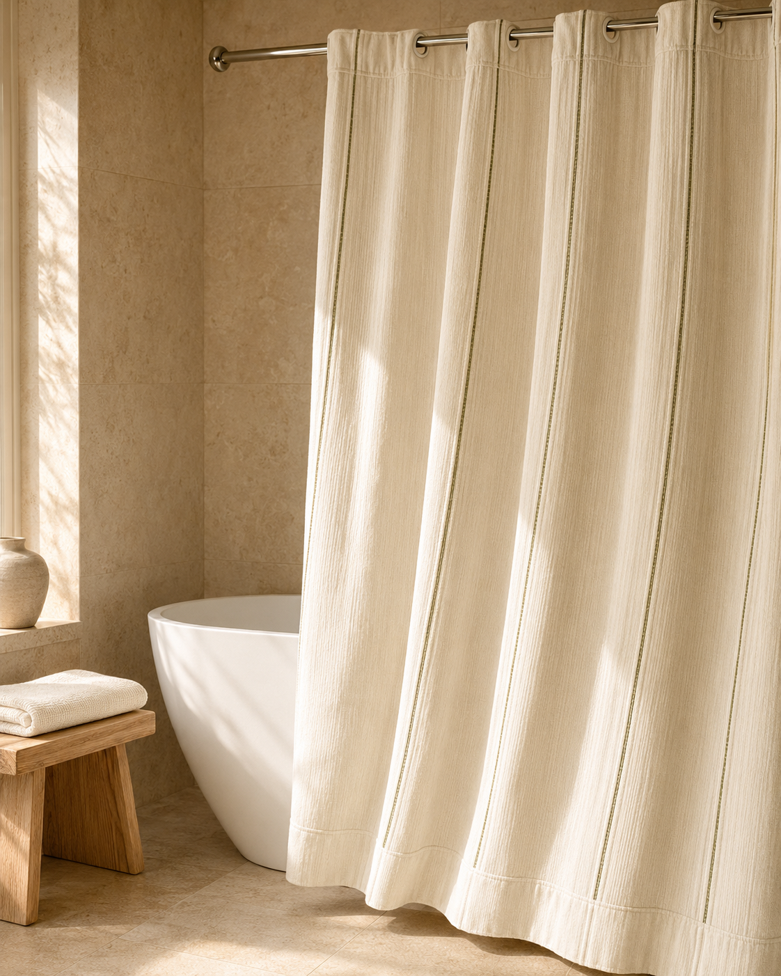 Serelle Drift-Weave Shower Curtain – Natural Ivory & Sage