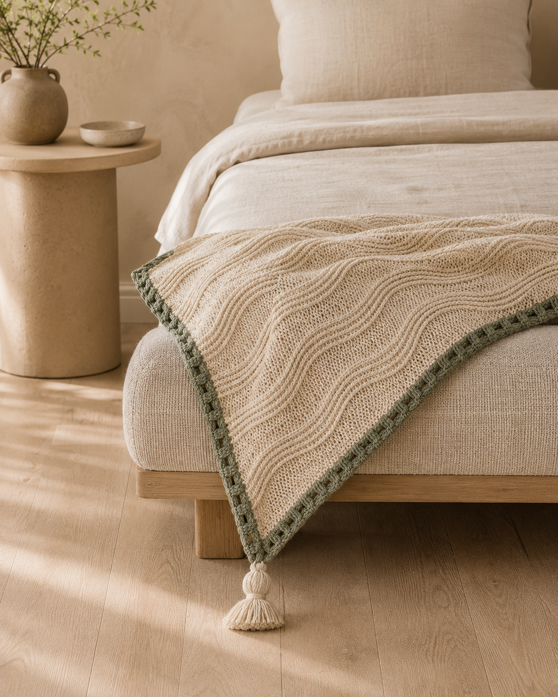 Aureline Ripple-Knit Bed Throw – Ivory & Sage