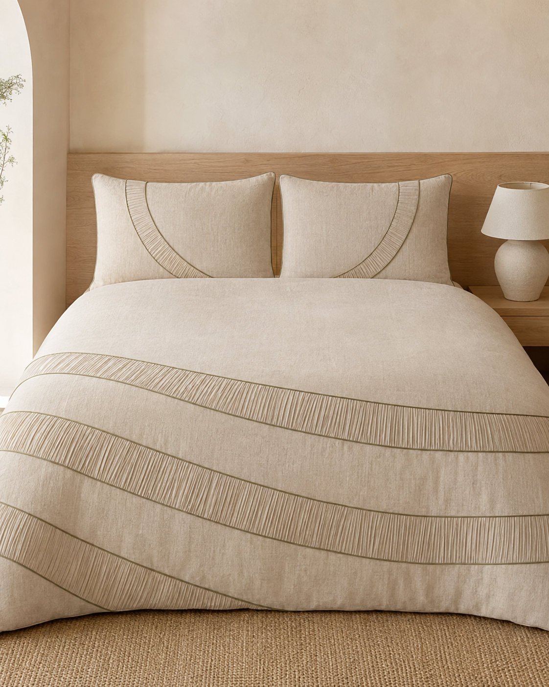 Mirelle Crescent-Pleat 3-Piece Duvet Cover Set – Oat & Sage