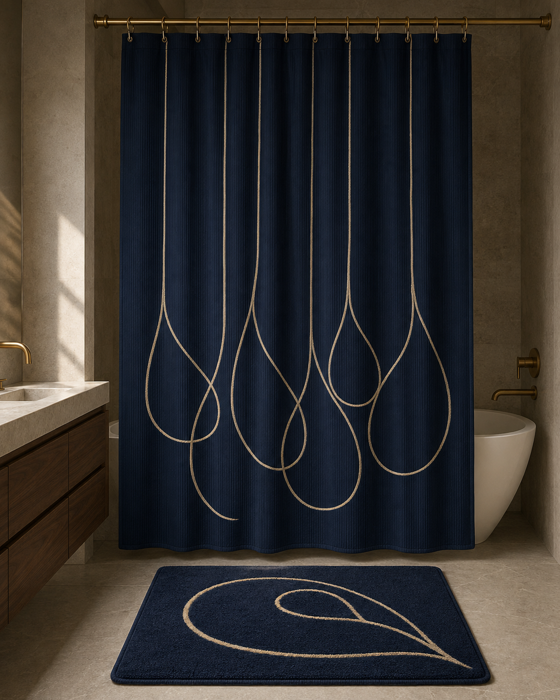 Noctelle Cascade-Loop 2-Piece Shower Curtain & Bath Mat Set – Midnight Navy