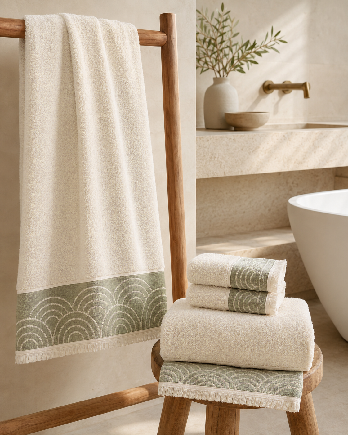Aveline Halo-Weave 4-Piece Bath Towel Set – Ivory & Sage