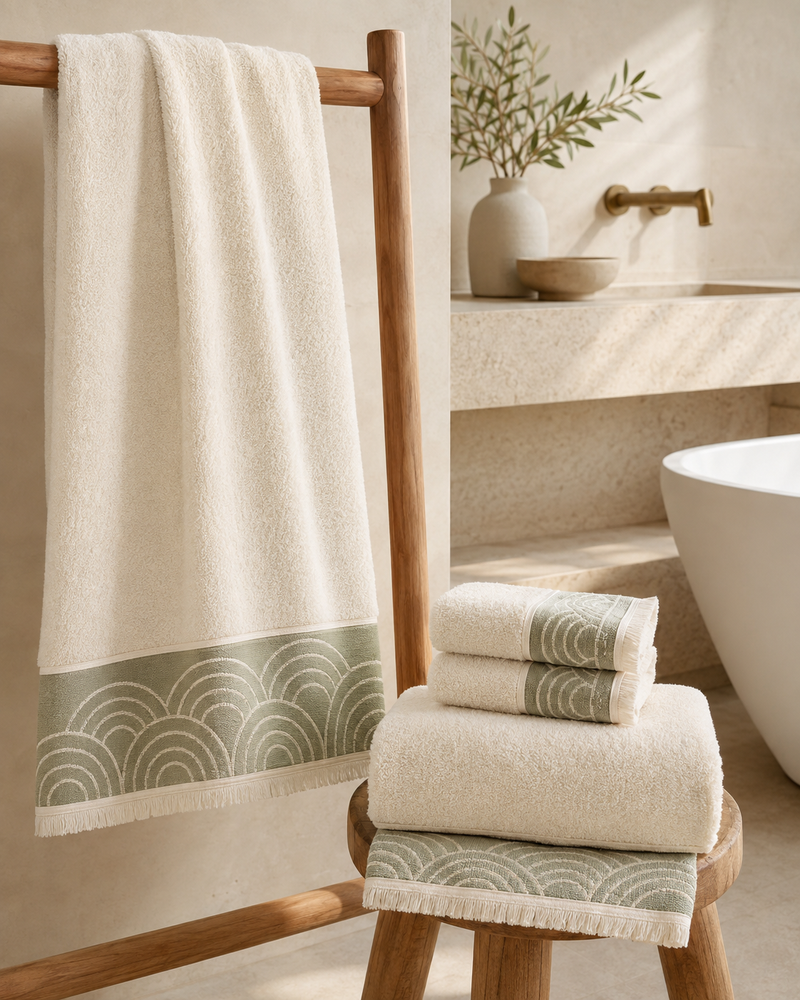 Aveline Halo-Weave 4-Piece Bath Towel Set – Ivory & Sage