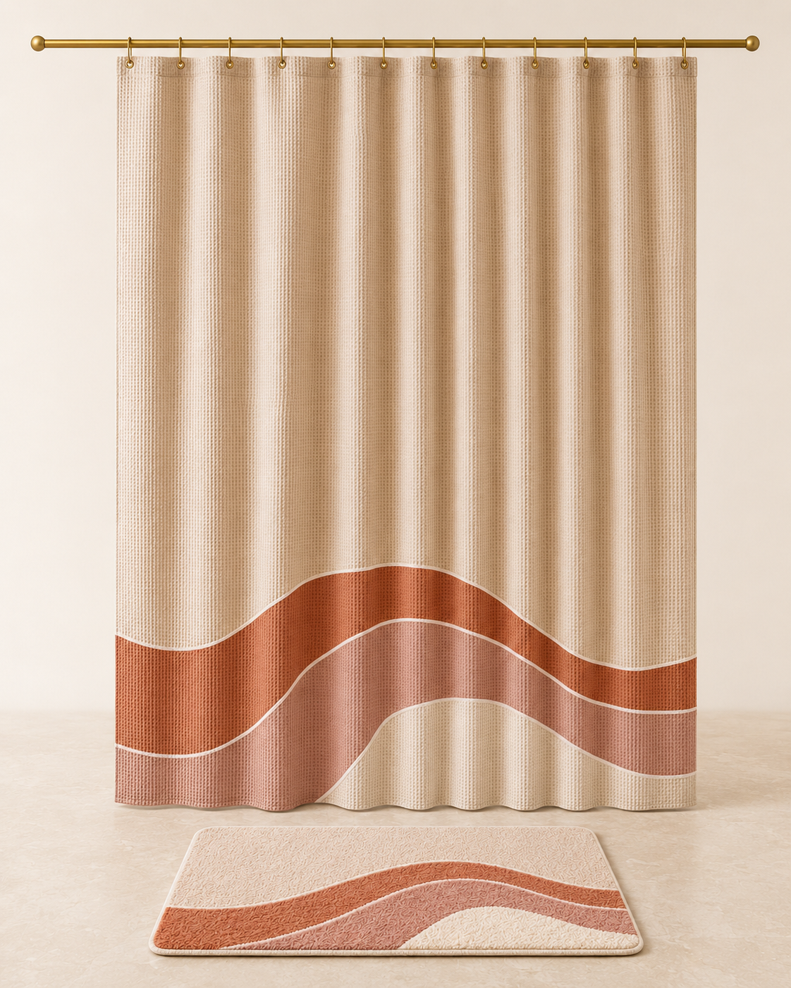 Solara Tide 2-Piece Shower Curtain & Bath Mat Set – Warm Sand