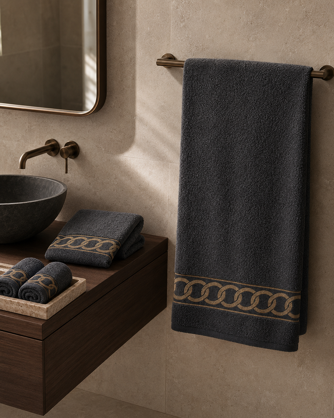 Orlune Interlock 6-Piece Cotton Towel Set – Graphite & Sand Gold