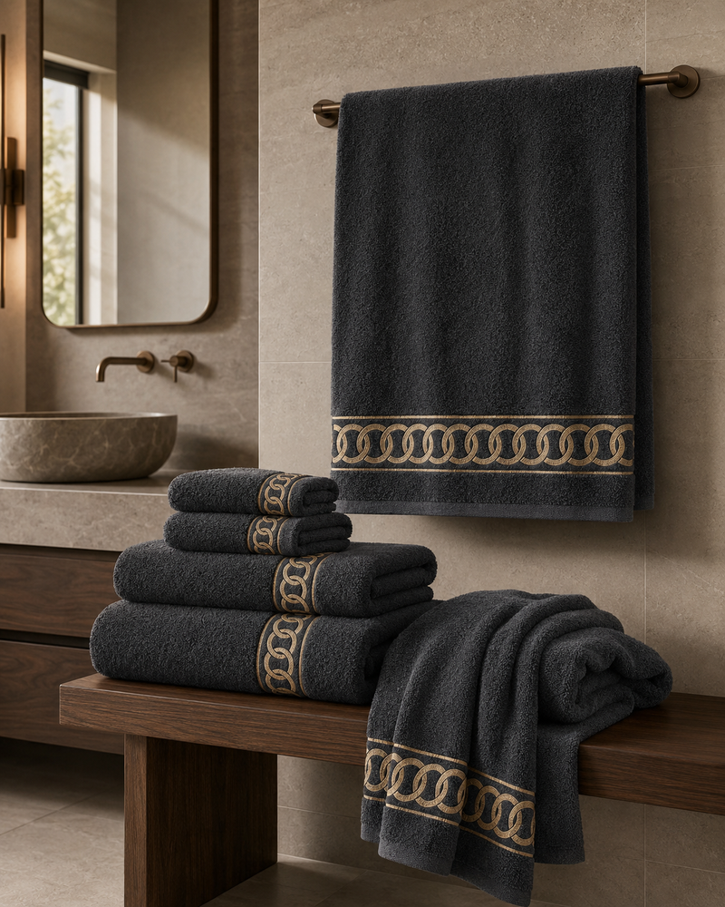 Orlune Interlock 6-Piece Cotton Towel Set – Graphite & Sand Gold