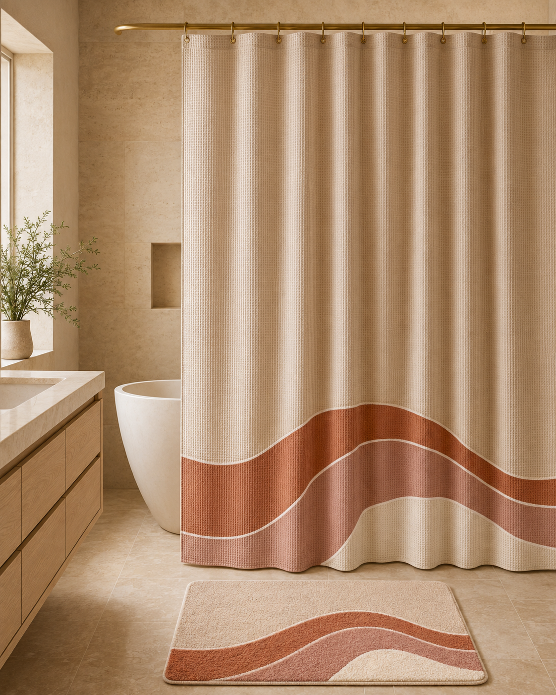 Solara Tide 2-Piece Shower Curtain & Bath Mat Set – Warm Sand