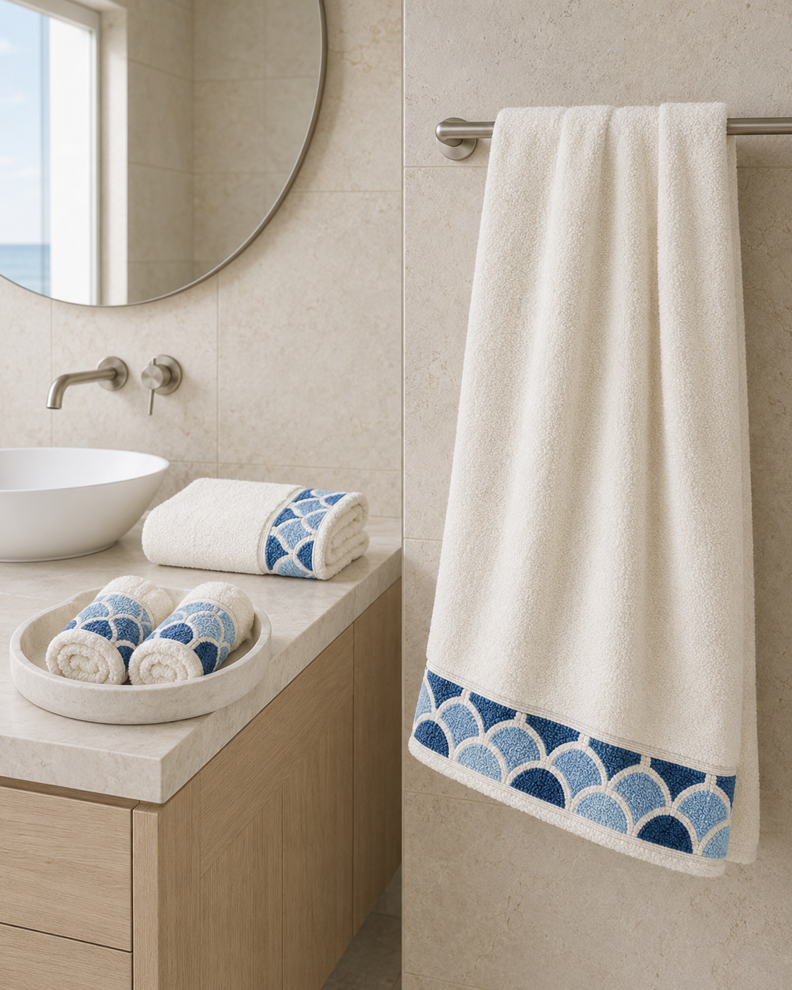 Nereva Crescent-Weave 6-Piece Cotton Towel Set – Pearl Ivory & Ocean Blue