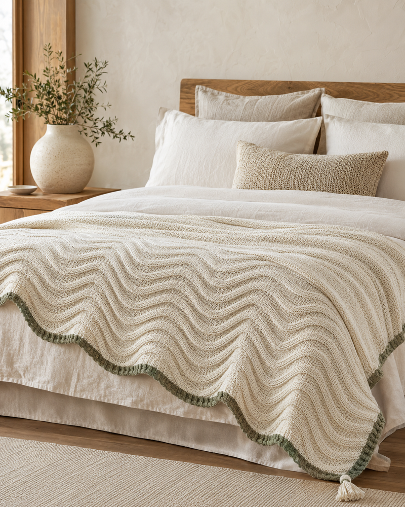 Aureline Ripple-Knit Bed Throw – Ivory & Sage