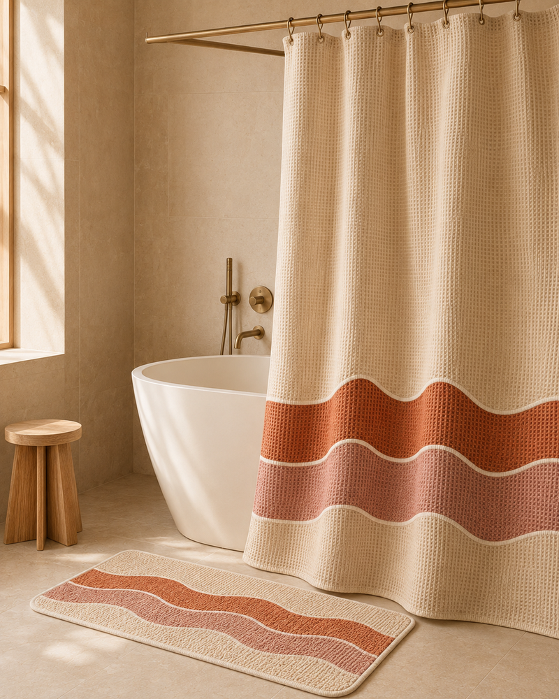 Solara Tide 2-Piece Shower Curtain & Bath Mat Set – Warm Sand