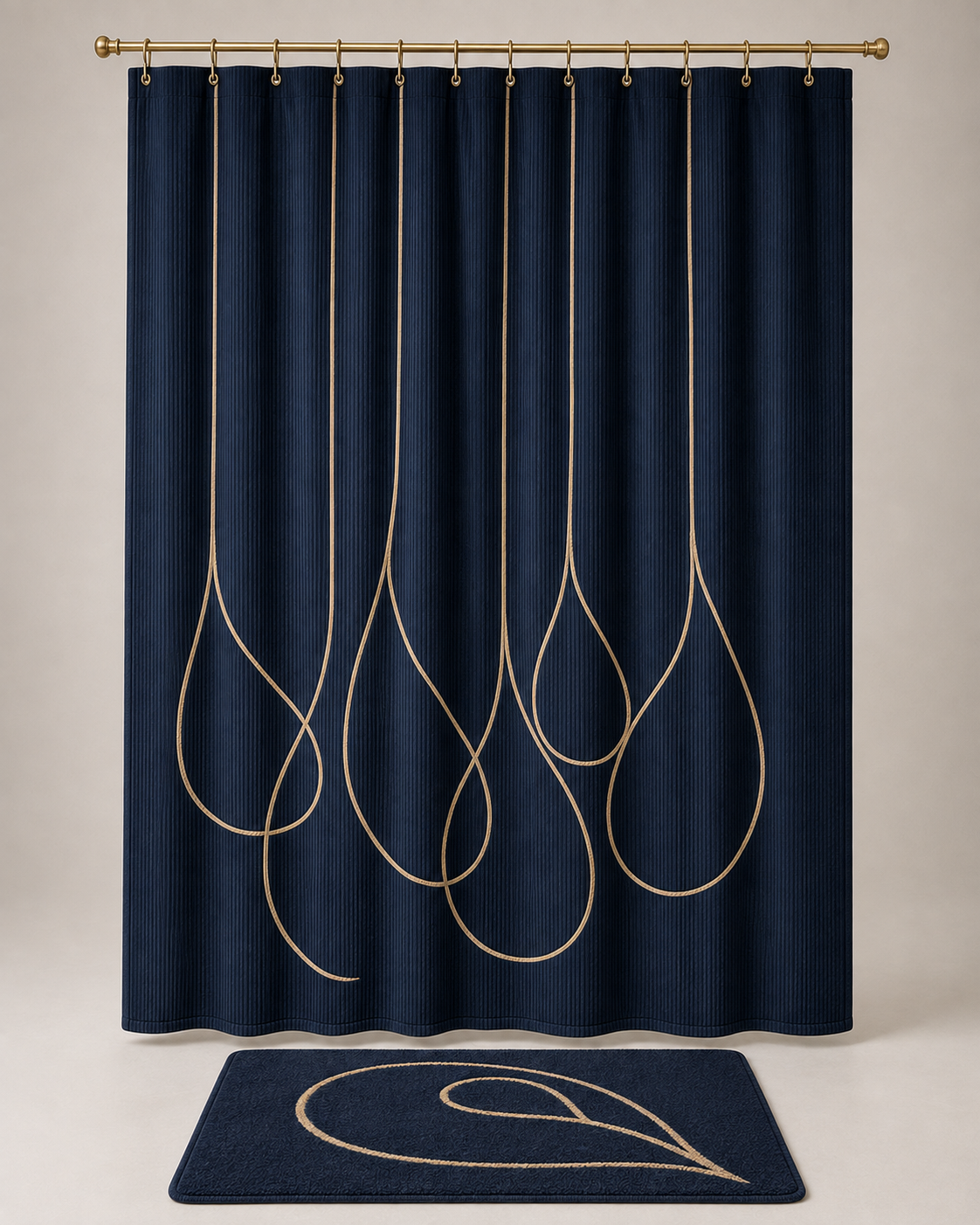 Noctelle Cascade-Loop 2-Piece Shower Curtain & Bath Mat Set – Midnight Navy