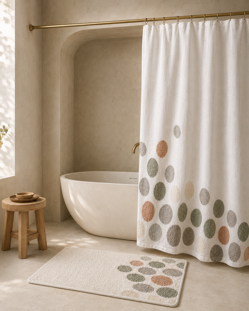 Elowra Pebble-Grove 2-Piece Shower Curtain & Bath Mat Set – Chalk White