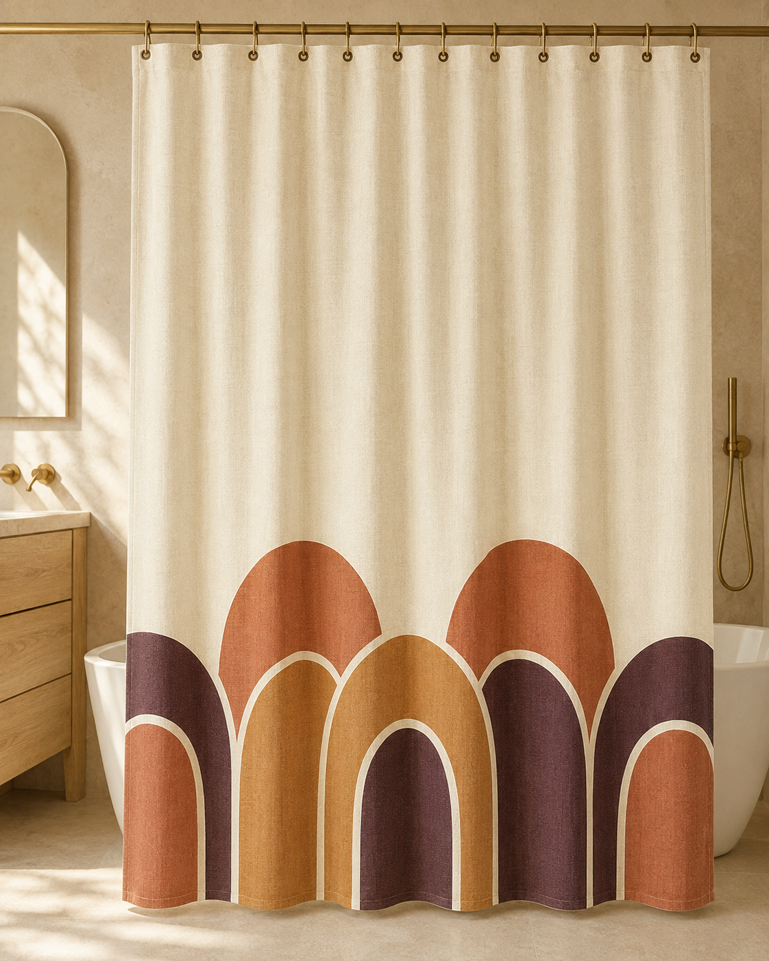 Savelle Sunset-Arch Linen-Look Shower Curtain – Warm Ivory