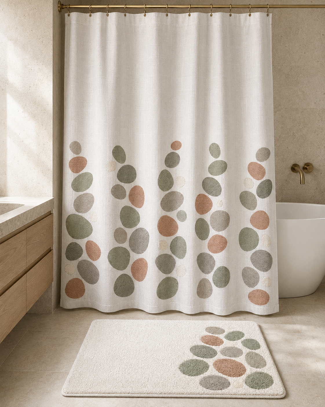 Elowra Pebble-Grove 2-Piece Shower Curtain & Bath Mat Set – Chalk White